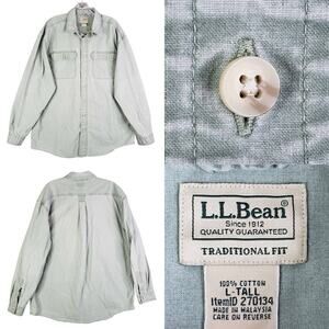 LL Bean Shirt Mens Green Cotton Canvas LS Button Up Size Large Tall LT